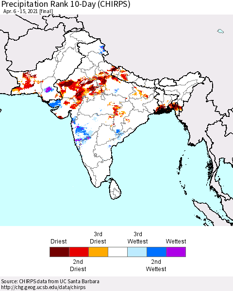 Southern Asia Precipitation Rank 10-Day (CHIRPS) Thematic Map For 4/6/2021 - 4/15/2021