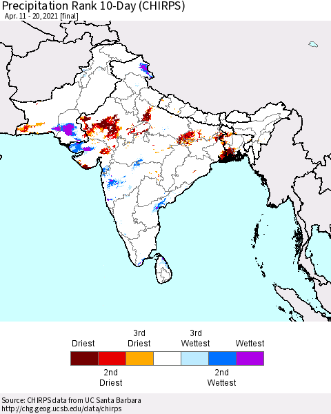 Southern Asia Precipitation Rank 10-Day (CHIRPS) Thematic Map For 4/11/2021 - 4/20/2021