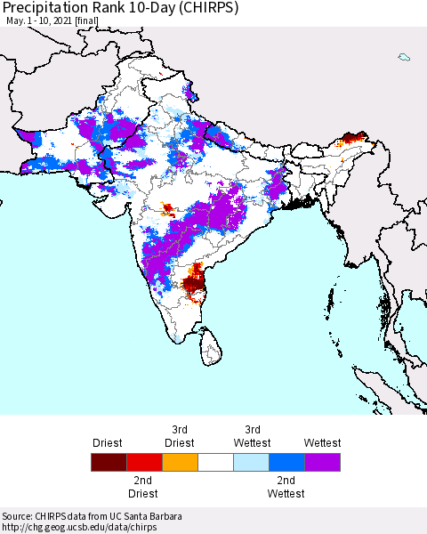 Southern Asia Precipitation Rank 10-Day (CHIRPS) Thematic Map For 5/1/2021 - 5/10/2021