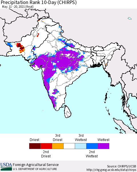 Southern Asia Precipitation Rank since 1981, 10-Day (CHIRPS) Thematic Map For 5/11/2021 - 5/20/2021