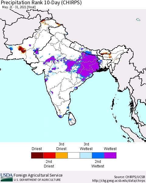 Southern Asia Precipitation Rank 10-Day (CHIRPS) Thematic Map For 5/21/2021 - 5/31/2021