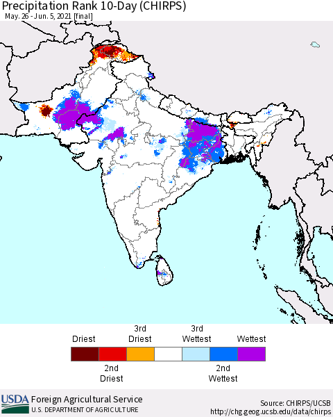 Southern Asia Precipitation Rank 10-Day (CHIRPS) Thematic Map For 5/26/2021 - 6/5/2021