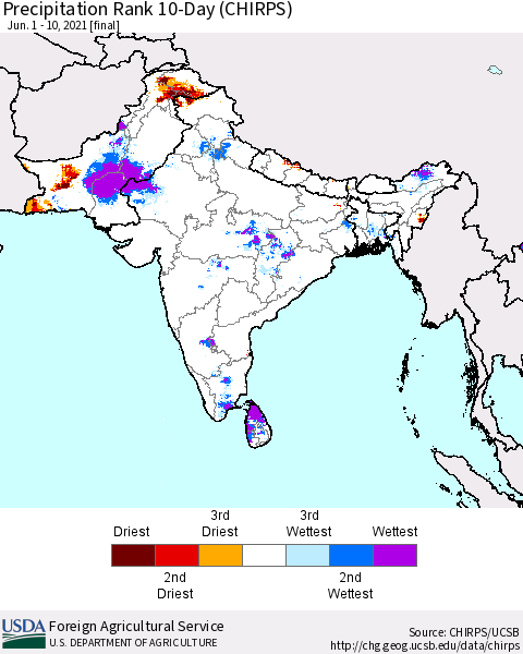 Southern Asia Precipitation Rank 10-Day (CHIRPS) Thematic Map For 6/1/2021 - 6/10/2021