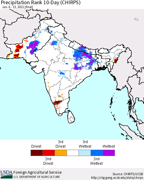Southern Asia Precipitation Rank 10-Day (CHIRPS) Thematic Map For 6/6/2021 - 6/15/2021