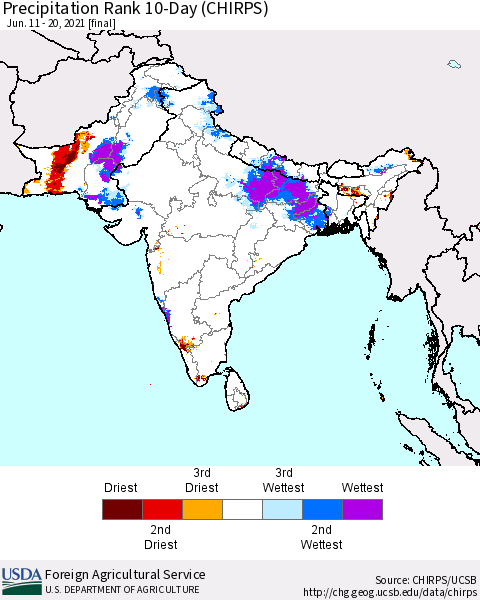 Southern Asia Precipitation Rank 10-Day (CHIRPS) Thematic Map For 6/11/2021 - 6/20/2021