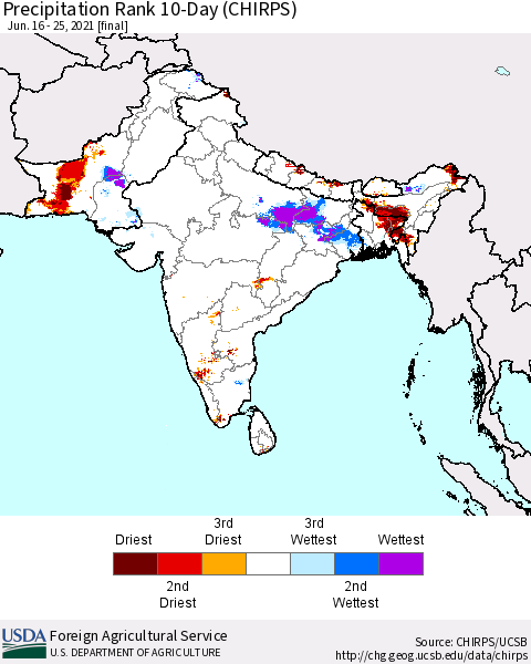 Southern Asia Precipitation Rank since 1981, 10-Day (CHIRPS) Thematic Map For 6/16/2021 - 6/25/2021