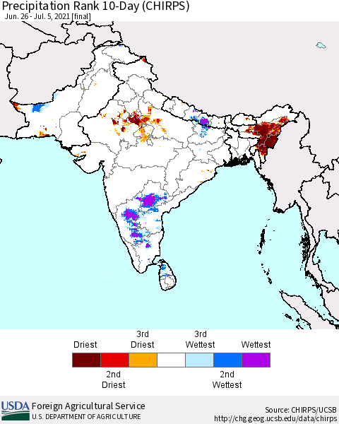 Southern Asia Precipitation Rank 10-Day (CHIRPS) Thematic Map For 6/26/2021 - 7/5/2021