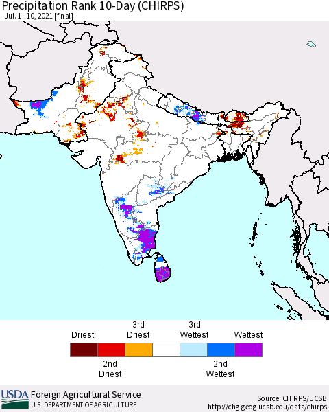 Southern Asia Precipitation Rank 10-Day (CHIRPS) Thematic Map For 7/1/2021 - 7/10/2021