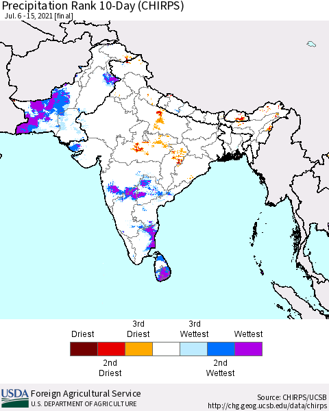 Southern Asia Precipitation Rank 10-Day (CHIRPS) Thematic Map For 7/6/2021 - 7/15/2021