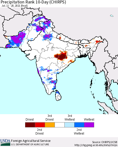 Southern Asia Precipitation Rank since 1981, 10-Day (CHIRPS) Thematic Map For 7/11/2021 - 7/20/2021