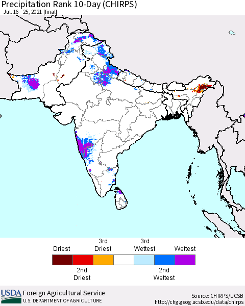Southern Asia Precipitation Rank 10-Day (CHIRPS) Thematic Map For 7/16/2021 - 7/25/2021
