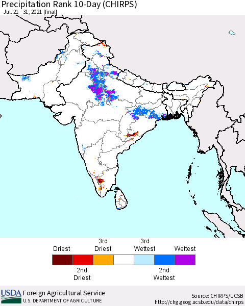 Southern Asia Precipitation Rank since 1981, 10-Day (CHIRPS) Thematic Map For 7/21/2021 - 7/31/2021