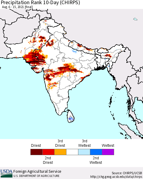 Southern Asia Precipitation Rank 10-Day (CHIRPS) Thematic Map For 8/6/2021 - 8/15/2021