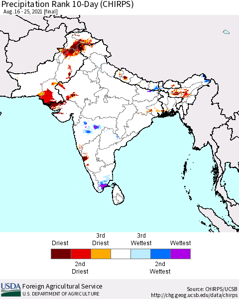 Southern Asia Precipitation Rank 10-Day (CHIRPS) Thematic Map For 8/16/2021 - 8/25/2021