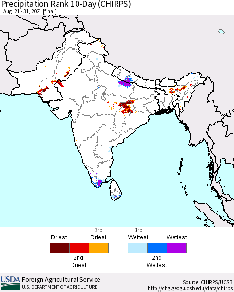 Southern Asia Precipitation Rank since 1981, 10-Day (CHIRPS) Thematic Map For 8/21/2021 - 8/31/2021