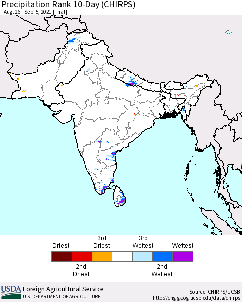 Southern Asia Precipitation Rank 10-Day (CHIRPS) Thematic Map For 8/26/2021 - 9/5/2021