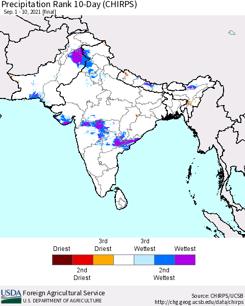 Southern Asia Precipitation Rank 10-Day (CHIRPS) Thematic Map For 9/1/2021 - 9/10/2021