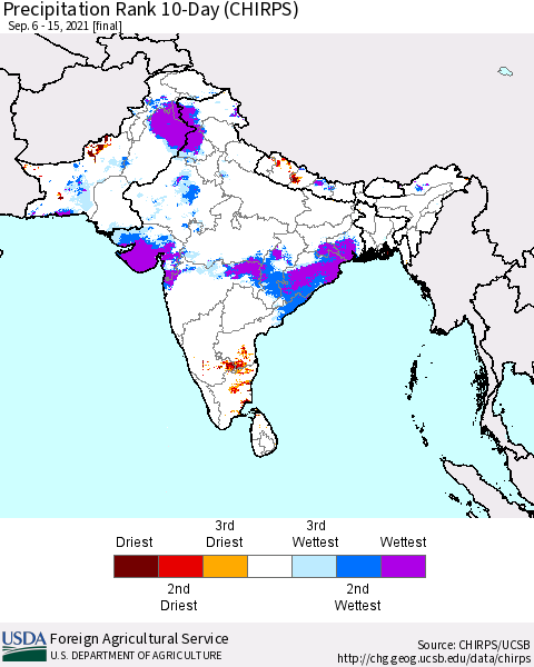 Southern Asia Precipitation Rank 10-Day (CHIRPS) Thematic Map For 9/6/2021 - 9/15/2021