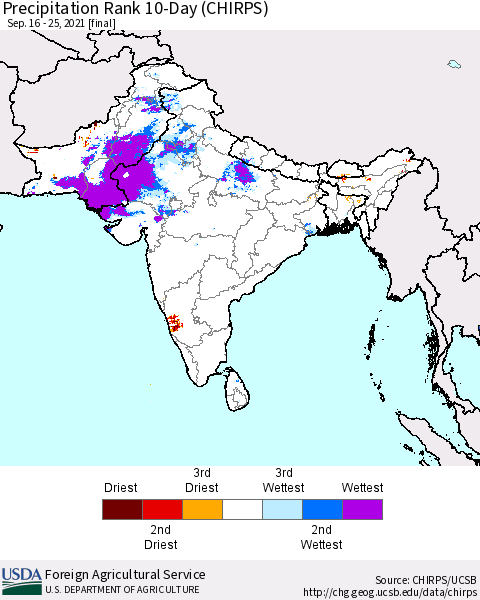 Southern Asia Precipitation Rank 10-Day (CHIRPS) Thematic Map For 9/16/2021 - 9/25/2021