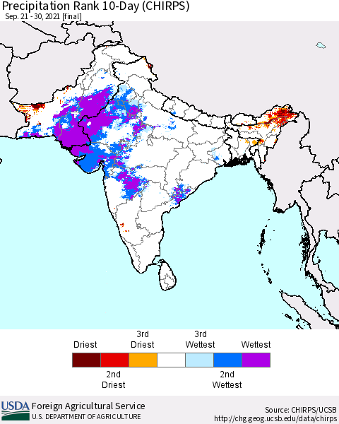 Southern Asia Precipitation Rank 10-Day (CHIRPS) Thematic Map For 9/21/2021 - 9/30/2021