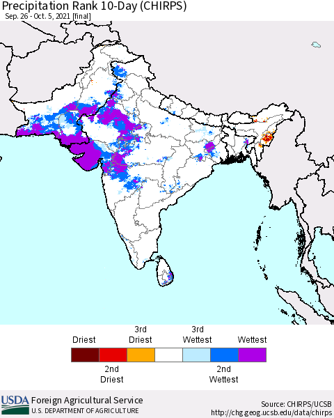 Southern Asia Precipitation Rank 10-Day (CHIRPS) Thematic Map For 9/26/2021 - 10/5/2021