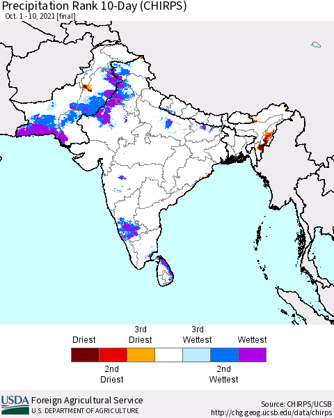 Southern Asia Precipitation Rank 10-Day (CHIRPS) Thematic Map For 10/1/2021 - 10/10/2021