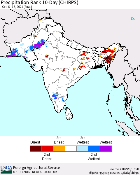 Southern Asia Precipitation Rank 10-Day (CHIRPS) Thematic Map For 10/6/2021 - 10/15/2021