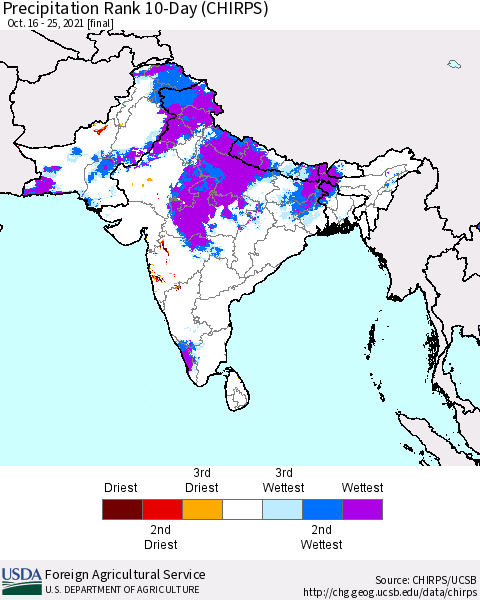 Southern Asia Precipitation Rank since 1981, 10-Day (CHIRPS) Thematic Map For 10/16/2021 - 10/25/2021