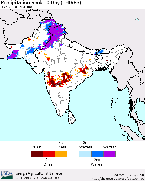 Southern Asia Precipitation Rank 10-Day (CHIRPS) Thematic Map For 10/21/2021 - 10/31/2021