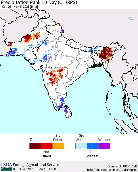 Southern Asia Precipitation Rank 10-Day (CHIRPS) Thematic Map For 10/26/2021 - 11/5/2021