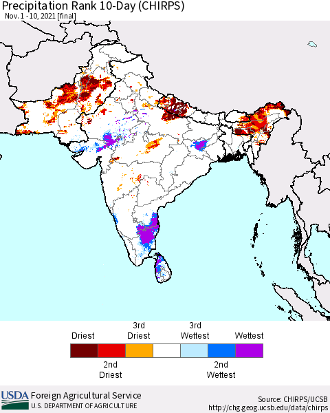 Southern Asia Precipitation Rank 10-Day (CHIRPS) Thematic Map For 11/1/2021 - 11/10/2021