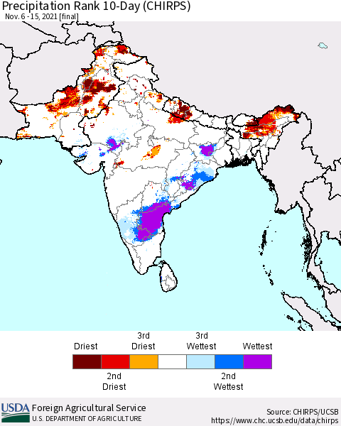 Southern Asia Precipitation Rank 10-Day (CHIRPS) Thematic Map For 11/6/2021 - 11/15/2021