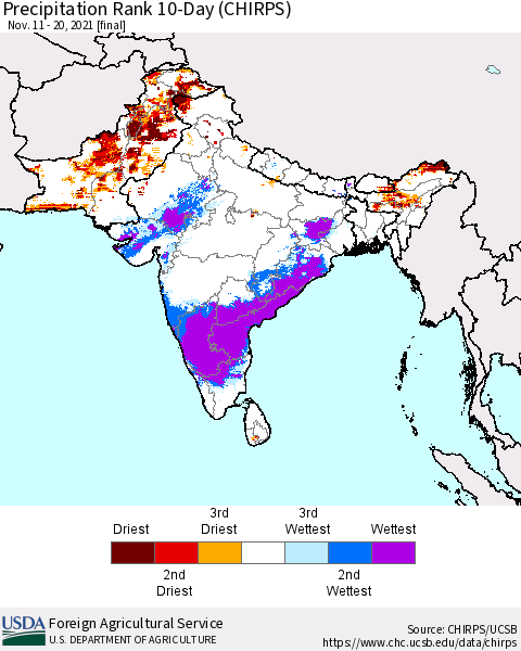 Southern Asia Precipitation Rank since 1981, 10-Day (CHIRPS) Thematic Map For 11/11/2021 - 11/20/2021