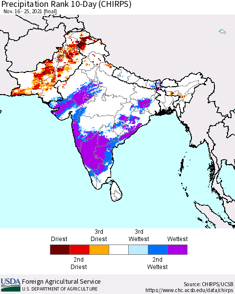 Southern Asia Precipitation Rank 10-Day (CHIRPS) Thematic Map For 11/16/2021 - 11/25/2021