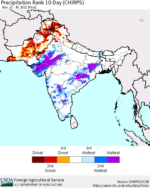 Southern Asia Precipitation Rank since 1981, 10-Day (CHIRPS) Thematic Map For 11/21/2021 - 11/30/2021