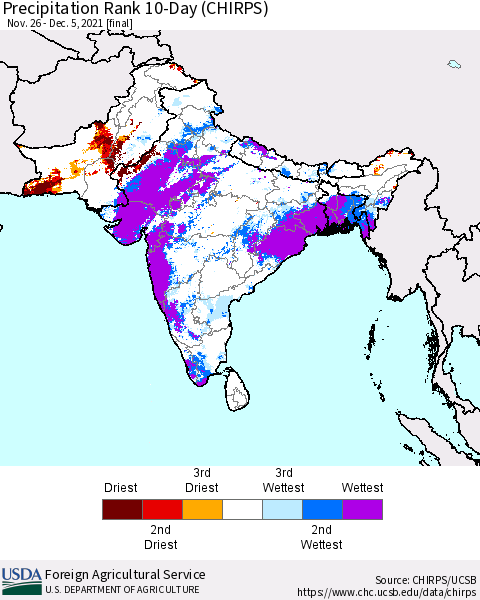 Southern Asia Precipitation Rank 10-Day (CHIRPS) Thematic Map For 11/26/2021 - 12/5/2021