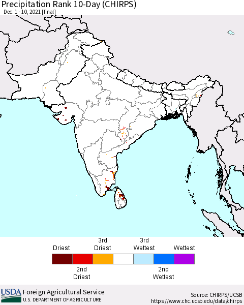 Southern Asia Precipitation Rank 10-Day (CHIRPS) Thematic Map For 12/1/2021 - 12/10/2021