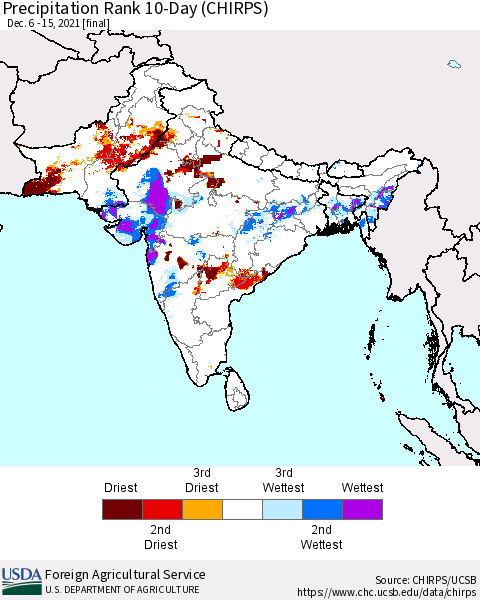 Southern Asia Precipitation Rank 10-Day (CHIRPS) Thematic Map For 12/6/2021 - 12/15/2021
