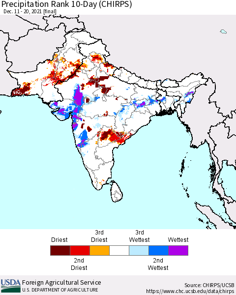 Southern Asia Precipitation Rank since 1981, 10-Day (CHIRPS) Thematic Map For 12/11/2021 - 12/20/2021