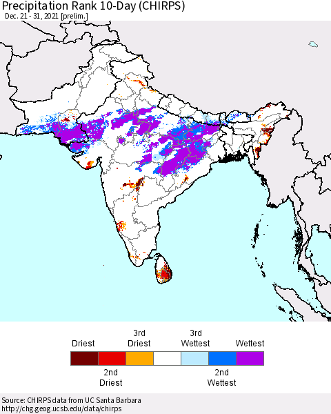 Southern Asia Precipitation Rank 10-Day (CHIRPS) Thematic Map For 12/21/2021 - 12/31/2021