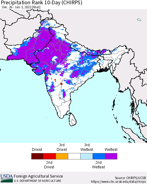 Southern Asia Precipitation Rank 10-Day (CHIRPS) Thematic Map For 12/26/2021 - 1/5/2022