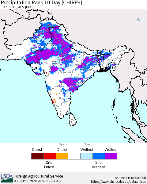 Southern Asia Precipitation Rank 10-Day (CHIRPS) Thematic Map For 1/6/2022 - 1/15/2022