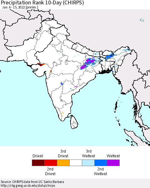 Southern Asia Precipitation Rank 10-Day (CHIRPS) Thematic Map For 1/6/2022 - 1/15/2022