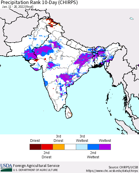 Southern Asia Precipitation Rank 10-Day (CHIRPS) Thematic Map For 1/11/2022 - 1/20/2022
