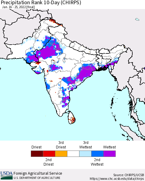 Southern Asia Precipitation Rank 10-Day (CHIRPS) Thematic Map For 1/16/2022 - 1/25/2022