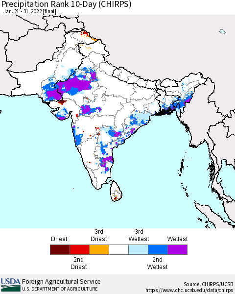 Southern Asia Precipitation Rank 10-Day (CHIRPS) Thematic Map For 1/21/2022 - 1/31/2022
