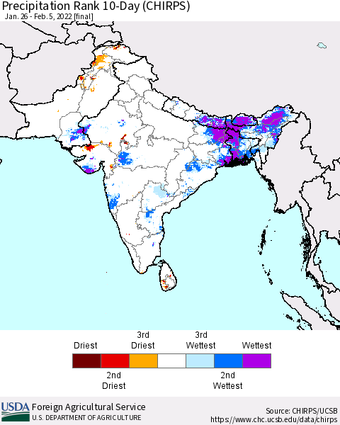Southern Asia Precipitation Rank 10-Day (CHIRPS) Thematic Map For 1/26/2022 - 2/5/2022