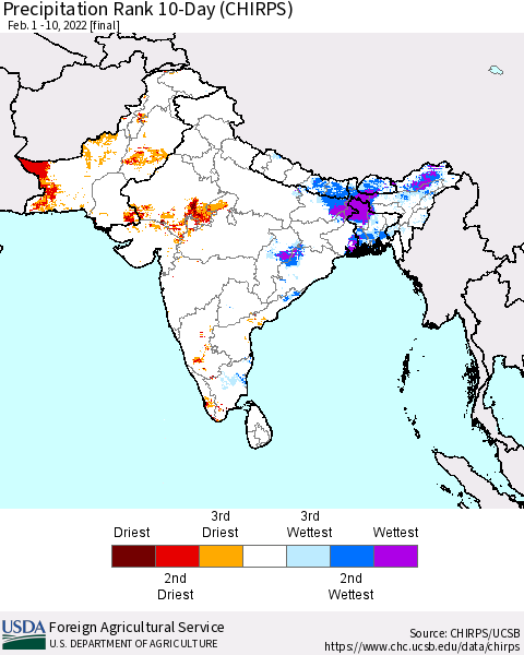 Southern Asia Precipitation Rank 10-Day (CHIRPS) Thematic Map For 2/1/2022 - 2/10/2022