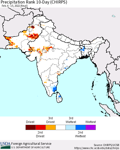 Southern Asia Precipitation Rank 10-Day (CHIRPS) Thematic Map For 2/6/2022 - 2/15/2022