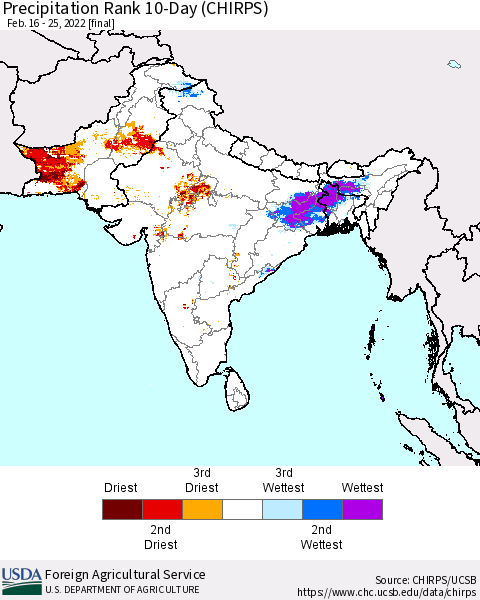 Southern Asia Precipitation Rank 10-Day (CHIRPS) Thematic Map For 2/16/2022 - 2/25/2022